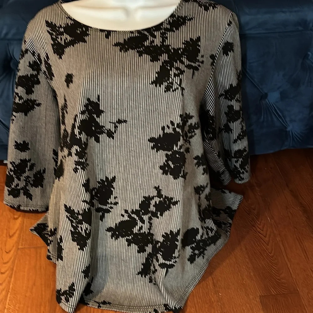 Vintage style black grey floral pattern 3/4 sleeves Blouse Sz L - Picture 12 of 13
